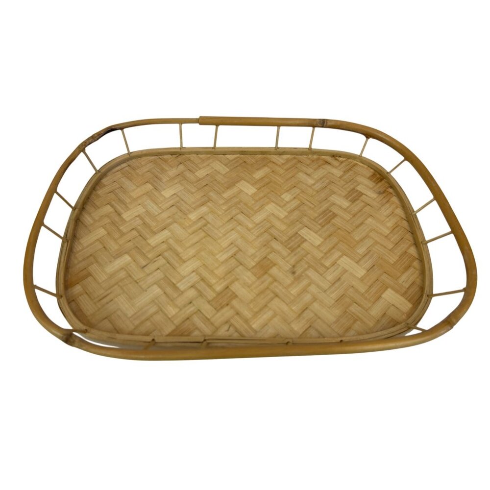 Vintage Handwoven Bamboo Serving Tray 13" x 9" Rectangular MCM Tiki B